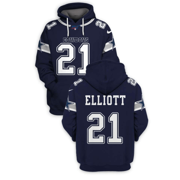Men's Dallas Cowboys #21 Ezekiel Elliott 2021 Navy Pullover Hoodie